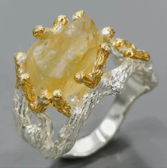 Large raw natural Citrine solitaire sterling ring sz 7 - Picture 3 of 12